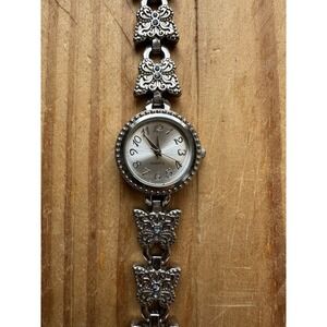 VTG BWC Womens Bracelet Watch Silver Tone Metal Butterfly Band Blue Gem WORKS
